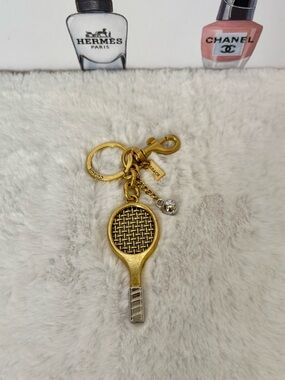 Gold Tennis Racket Keychain Charm with Silver Accent.